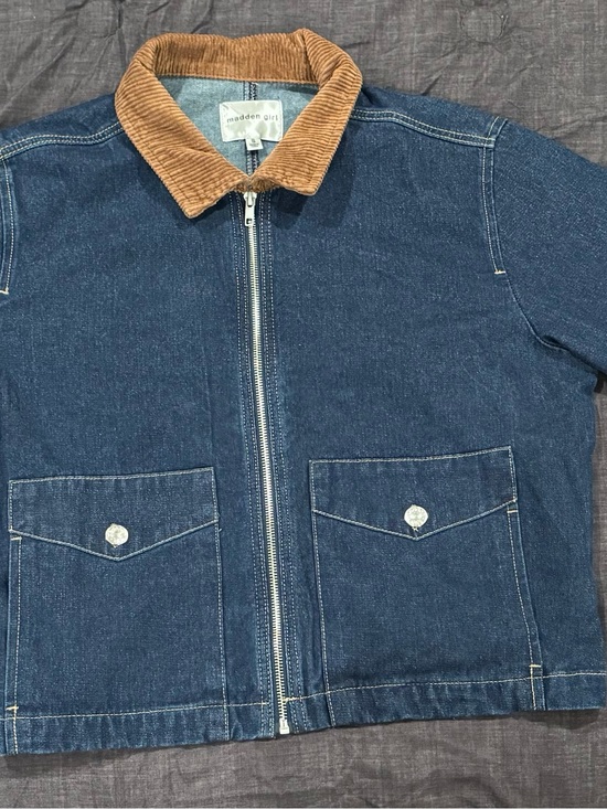 Madden Girl Jackets & Blazers - Madden Girl Dark Blue Denim Jacket with Tan Corduroy Collar